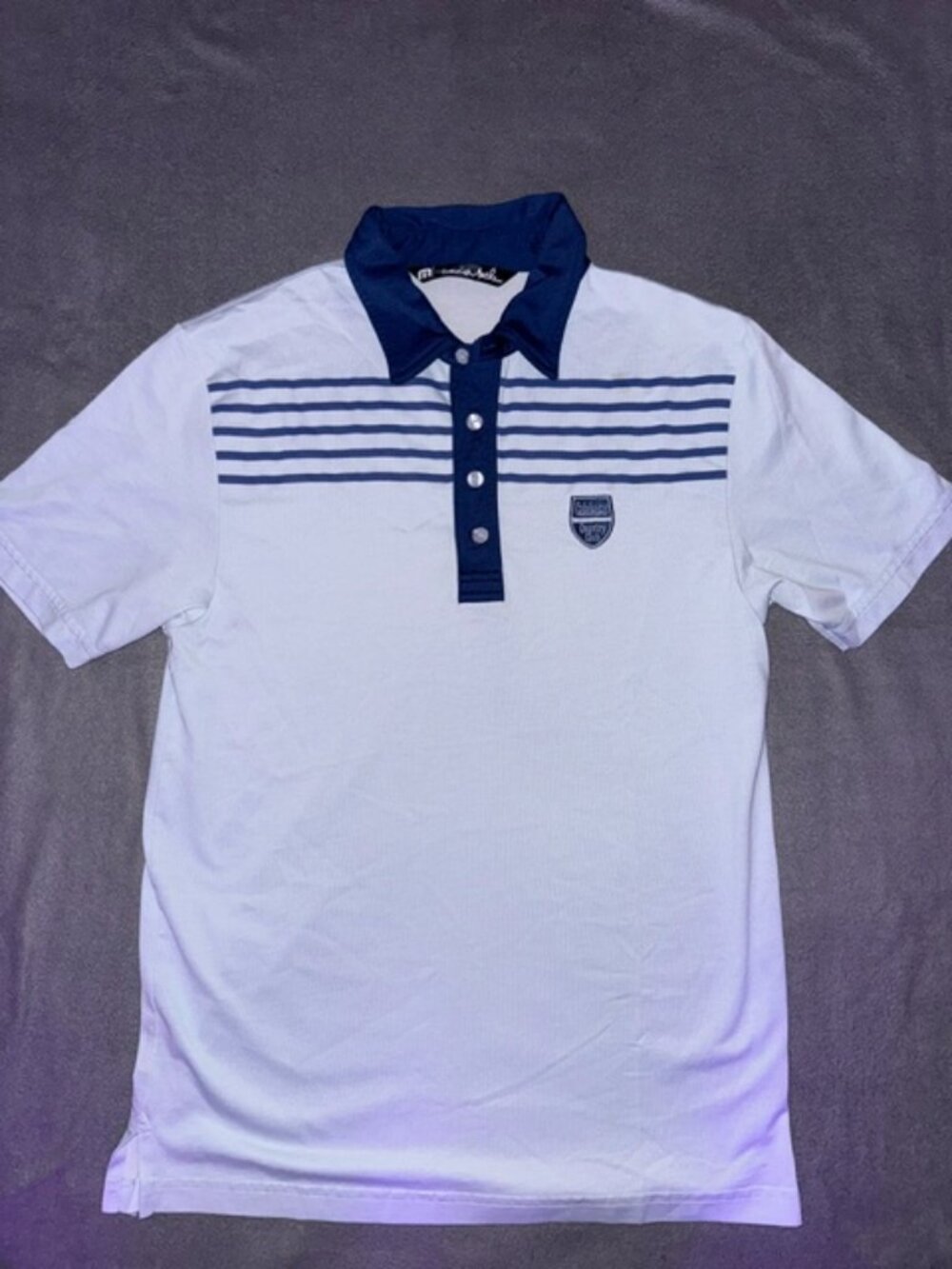 Travis Mathew Men’s Polo Shirt Small White Blue Striped Short Sleeve Casual Golf